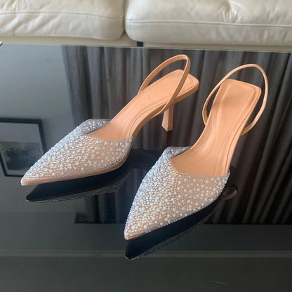 Women High Heels Pearl Decoration Slingback Pumps Pointed Toe High Heels