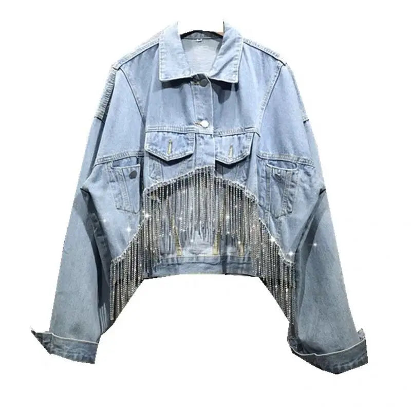 Heavy Industry Rhinestone Tassel Denim Jacket Women Outwear Jacket