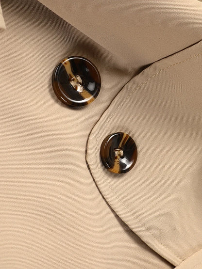 Women Khaki Pleated Elegant Trench New Lapel Long Sleeve Windbreaker Trench Coat