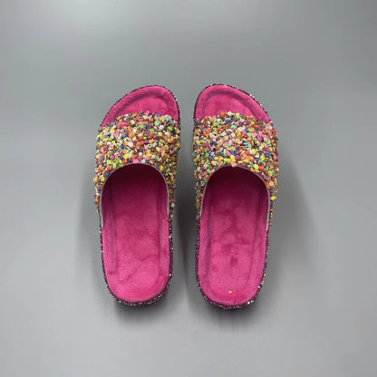 Rhinestone Embellished Women's Slippers - Durable PVC Soles Flat Slippers