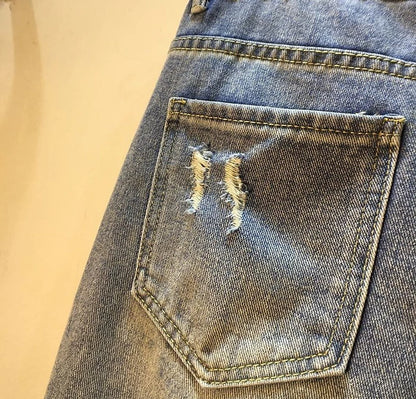 Diamond Beaded Denim Knee Length Shorts Summer Loose High Waist Shorts