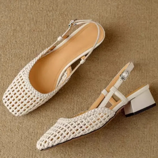 Women's Sandals Summer New Square Head Shallow Hollow Breathable One Line Buckle Shoes