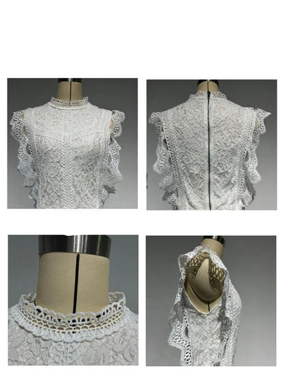 Women's Tank Blouses Hollow Black White Geometric Pattern Women Lace Chiffon Top