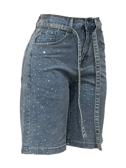 Women Denim Summer Shorts Diamonds Elasticity Denim Shorts With Belt
