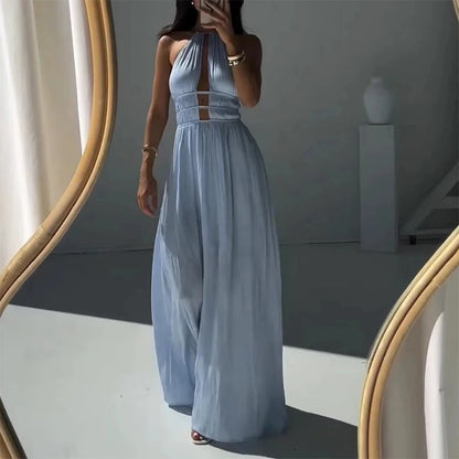 Halter High Waist Holiday Maxi Dress Simple Solid Pleated Long Dress Beach Dresses