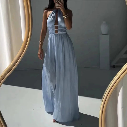 Halter High Waist Holiday Maxi Dress Simple Solid Pleated Long Dress Beach Dresses