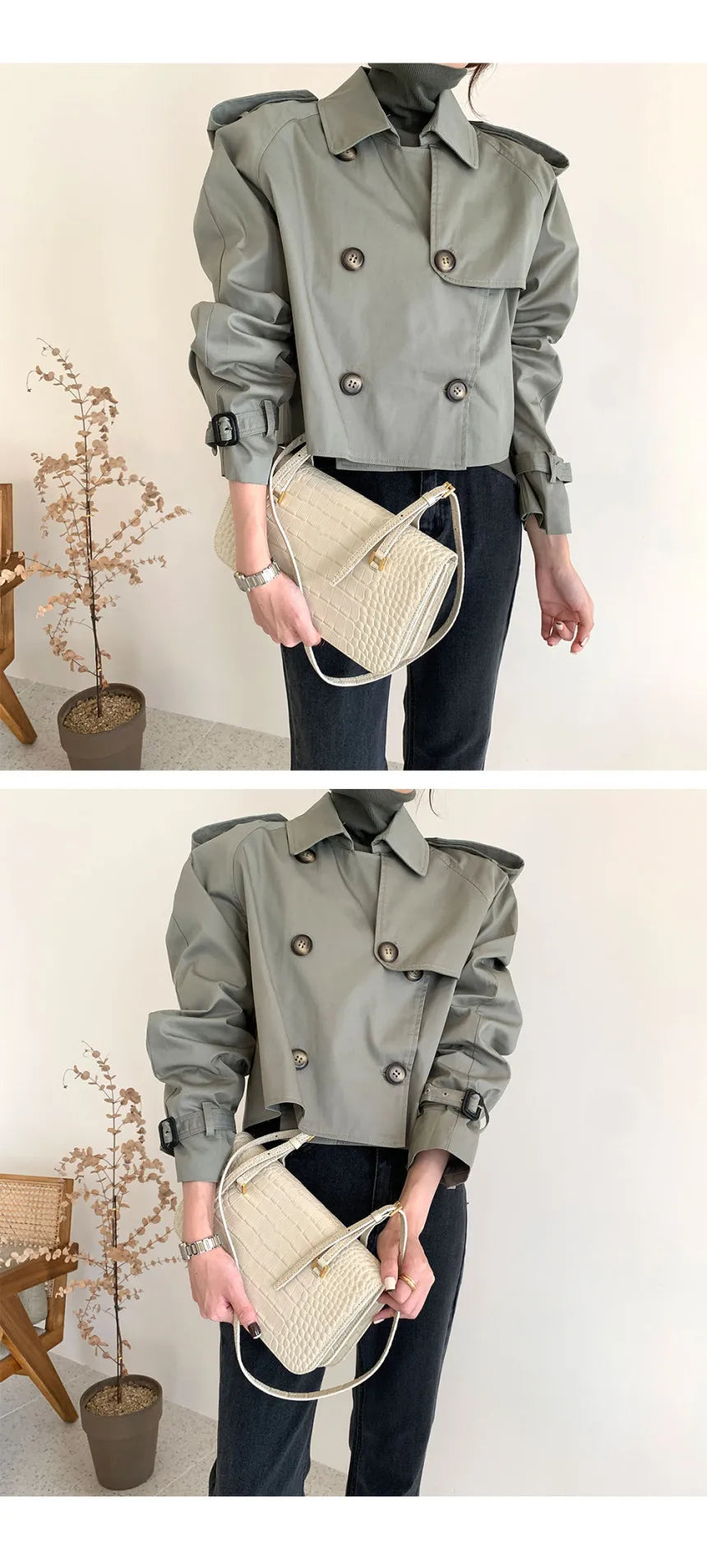 Vintage Double Breasted Crop Jacket Trench Jackets Women Loose Chic Windbreaker