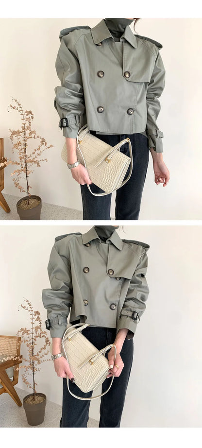Vintage Double Breasted Crop Jacket Trench Jackets Women Loose Chic Windbreaker