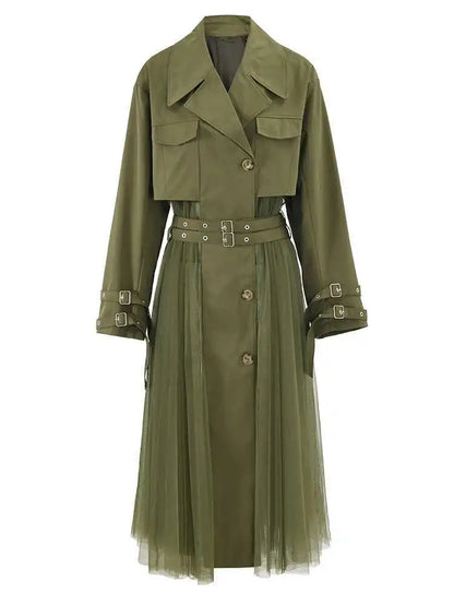 Vintage Gauze Patchwork Windbreaker Women Lapel Double Belt Gathered Trench Coat