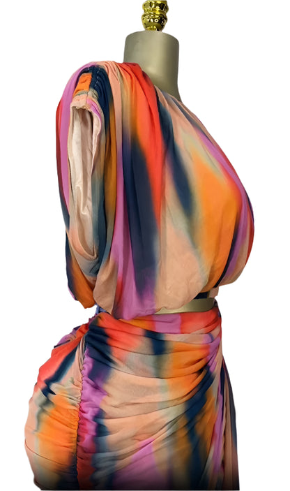 Tie Dye Printed Women's Set Short Sleeve Tops and Stacked Mini Skirts two 2 Piece Sets