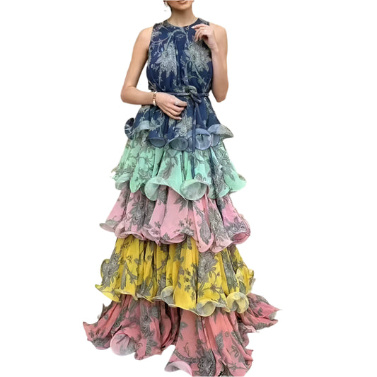Colorful Print Ruffle Maxi Dress Spliced Lace Up Robe for Women Round Neck Sleeveless High Waist Patchwork Ruffles Dress