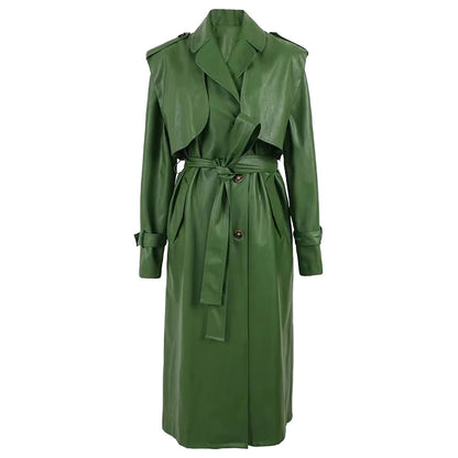 Long Green Pu Leather Trench Coat for Women with Back Slit Sashes Single Breasted