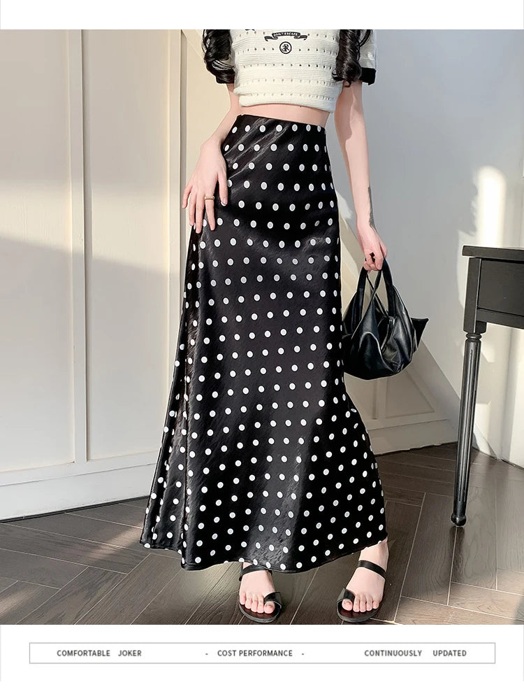 Polka Dot Satin Skirt Women's High Waist Versatile Elegant Dot Long Skirt