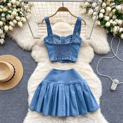 Denim Skirt Stets Two Pieces Sleeveless Tanks Top and Pleated Mini Skirt