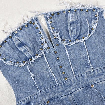 Slim Fit Denim V-neck Backless Tassel Trendy Jumpsuit Women's Strapless High Waist Ripped Pocket Sexy Street Rompers