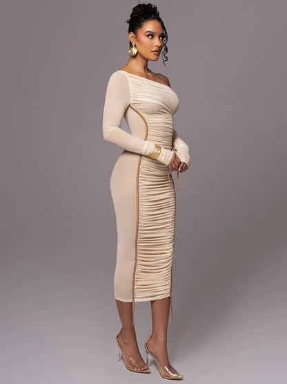 Diagonal Collar Long Sleeve Midi Bodycon Dress For Women Two Layer Mesh
