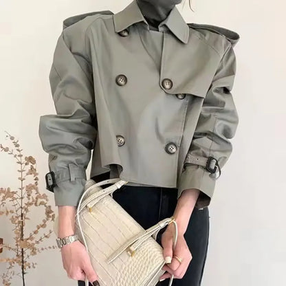 Vintage Double Breasted Crop Jacket Trench Jackets Women Loose Chic Windbreaker