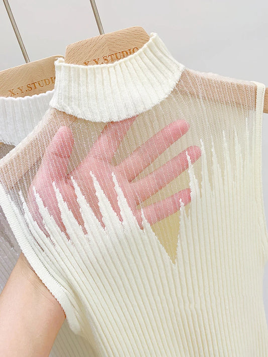 Chic Mesh Knitted Half Neck Vest Female Sleeveless Top