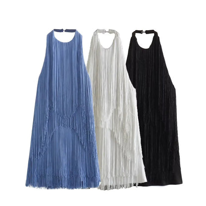 Women's Solid Color Hanging Neck Sling Backless Tassel Mini Dress