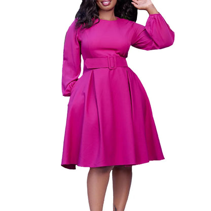 Elegant Office Dresses Women O Neck Full Sleeve Belt Waisted Pleated A Line Mid Calf Formal Female Business Work Wear Dress Midi