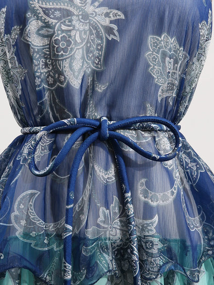 Colorful Print Ruffle Maxi Dress Spliced Lace Up Robe for Women Round Neck Sleeveless High Waist Patchwork Ruffles Dress