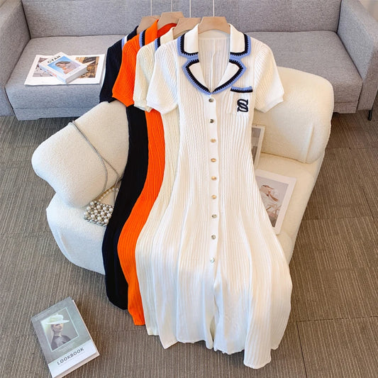 Women Contrast Color Midi Dress Elegant Pockets Short Sleeves Button Down Dress