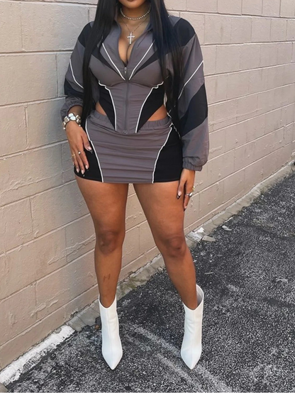 Color Block Two Piece Set For Women Casual Zip Lantern Sleeve Irregular Crop Jacket + High Waist Skirts Suit
