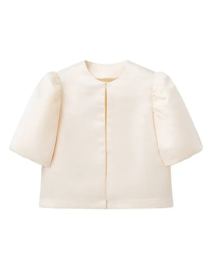 Solid Satin Women's Blouse Top With Pouf Balloon Sleeve O Neck Loose Blouses