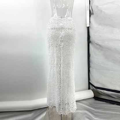 Summer Vacation See Through Crochet Top Women Set Hallow Out Flare Long Sleeve Skirts Set