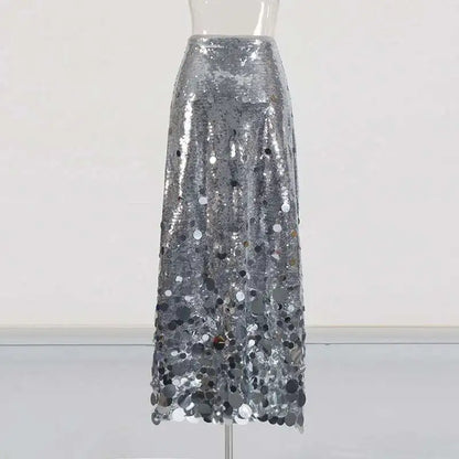 Solid Patchwork Sequins Chic Skirts For Women High Waist Zipper A Line Skirts