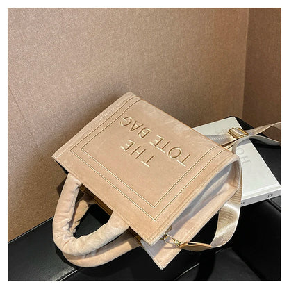 Women's Khaki Velour Tote Bag Original Letter Print Shopper Handbag