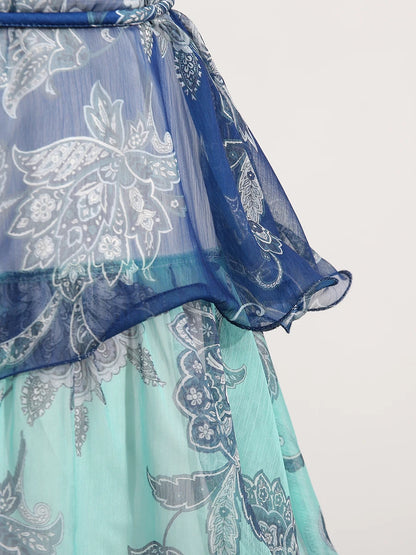 Colorful Print Ruffle Maxi Dress Spliced Lace Up Robe for Women Round Neck Sleeveless High Waist Patchwork Ruffles Dress