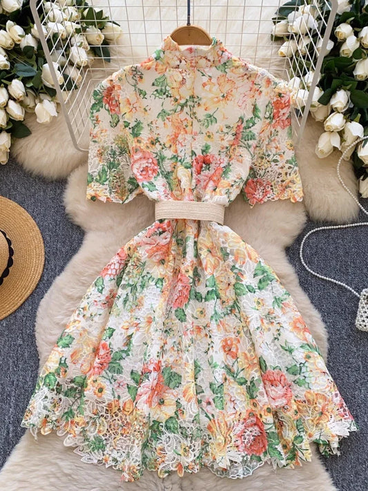 France Elegant Vintage Palace Evening Dress Women Print Hollow Out Lace Short Party Dress Female Casual Chic Festival Clothing