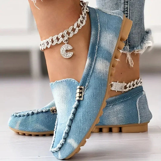 Women Denim Flats Round Toe Thick Bottom Walking Flat Shoes