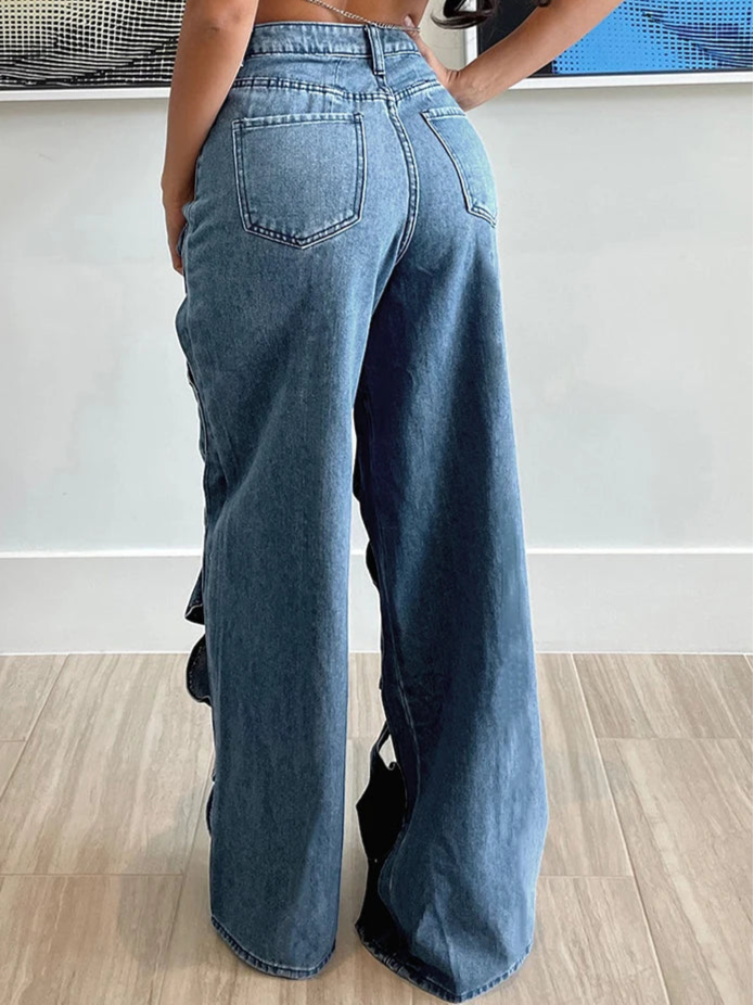 Stretchy Cross Hollow Out Loose Denim Cargo Pants for Women