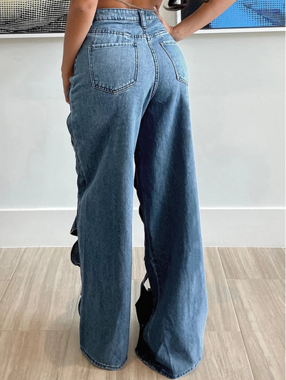 Stretchy Cross Hollow Out Loose Denim Cargo Pants for Women
