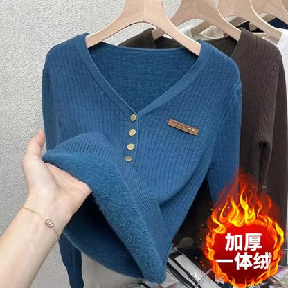 Thick Velvet V-neck Sweater Women Korean Fashion Lined Warm Knitted Pullover