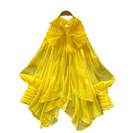 Women Floral Print Shirt Bow Lantern Sleeve Blouse