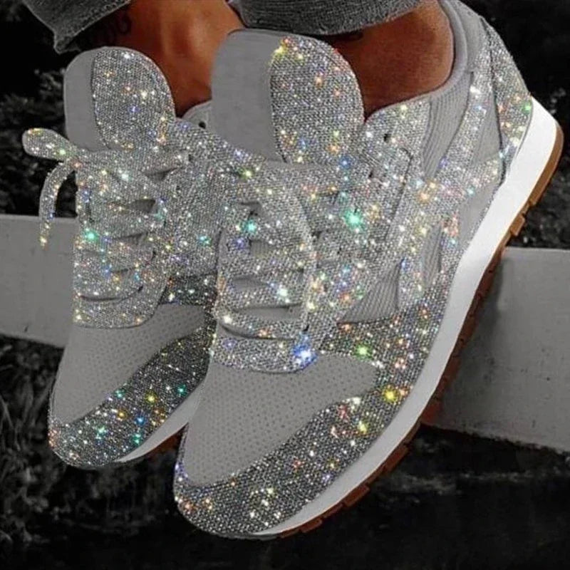 Women Flat Sneakers Casual Bling Vulcanized Shoes Women Mesh Lace Up Shoes