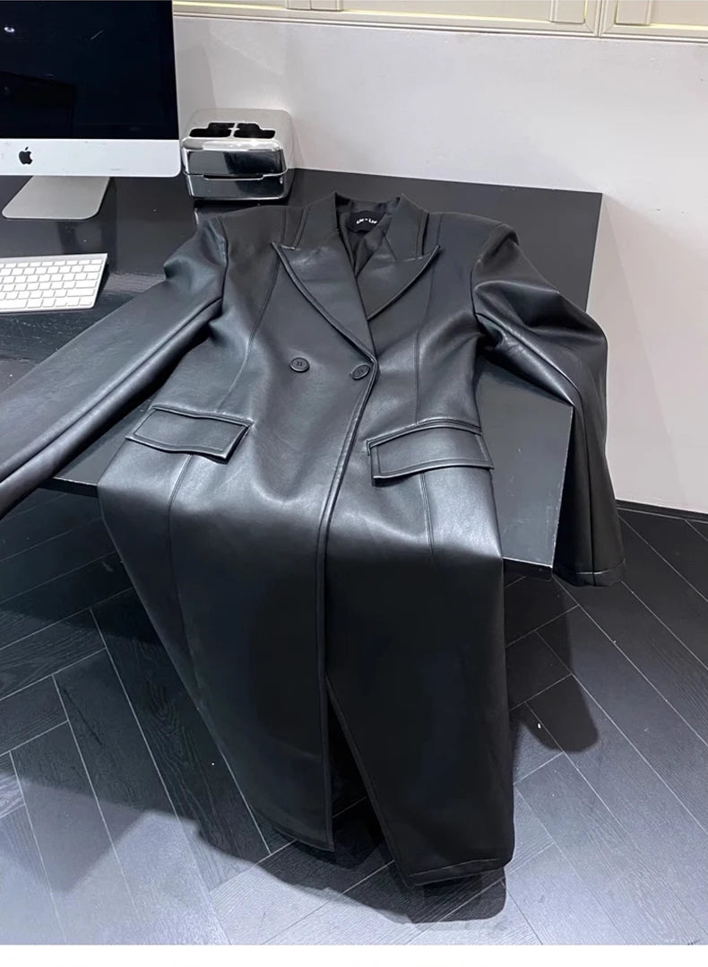 Autumn Extra Long Black Trench Coat for Women Shoulder Pads Faux Leather Blazer