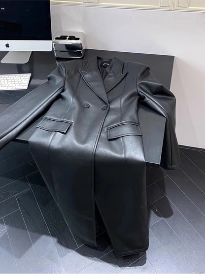 Autumn Extra Long Black Trench Coat for Women Shoulder Pads Faux Leather Blazer