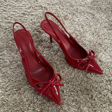 High Heels Women Weddings Bridal Shoes Bow Shallow Pointed Toe  Slingback Heels