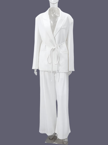 Elegant Blazer Pants Sets Women V-neck Lace up Jacket Full Sleeve Wide Leg Trousers Suit