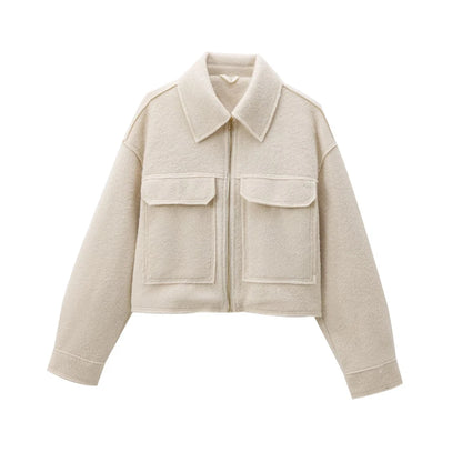 Cropped Jacket with Pockets for Women, Long Sleeve Coat Front Zipper Female Outerwear