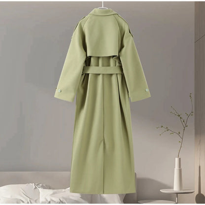 Urban Solid Double Breasted Long Women Coat Loose Full Sleeve Belt Double Breasted Jacket