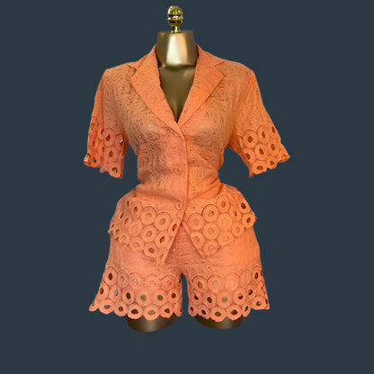Lace Embroidery Women's Set half Sleeve Shirt and Shorts Two 2 Piece Sets Outfit