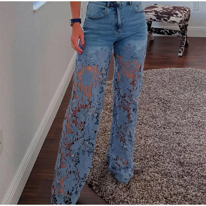 Urban Crochet Denim Women Pants Hollow Out Zippers Pocket Button Female Trousers