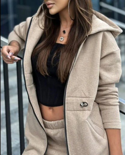 Women Pant Set Hooded Zipper Long Coats Two Piece Suits Casual Straight Pants