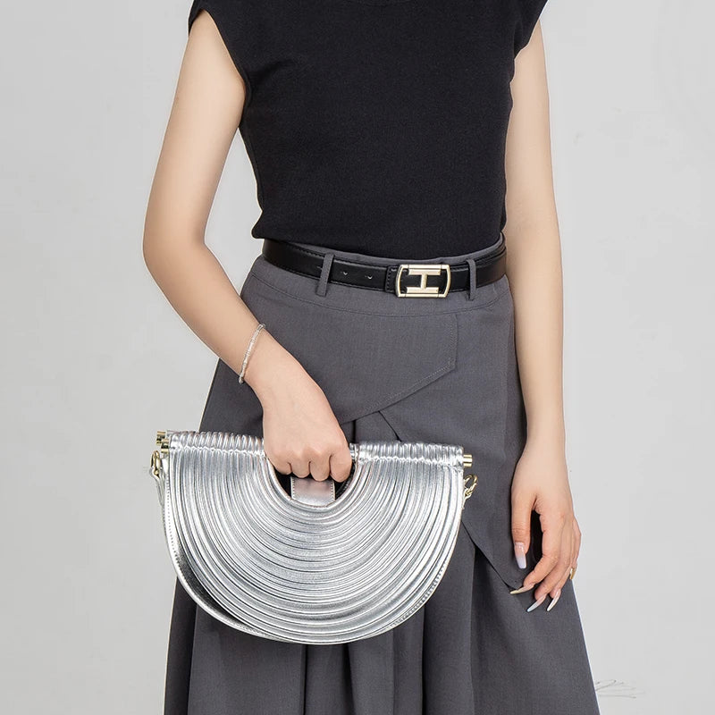 Gold Luxury Designer Brand Handwoven Noodle Bags Half Round Silver Evening Clutch
