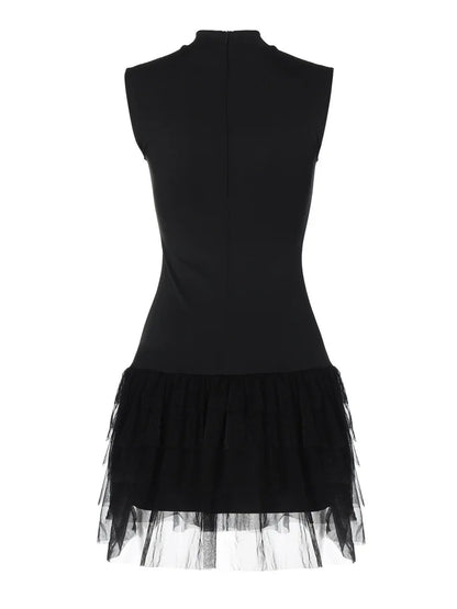 Black Mini Dress Sleeveless Mesh Patchwork Mini Evening Prom Dress Bodycon